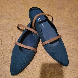 VIVAIA Navy Flats With Faux Leather Tan Straps